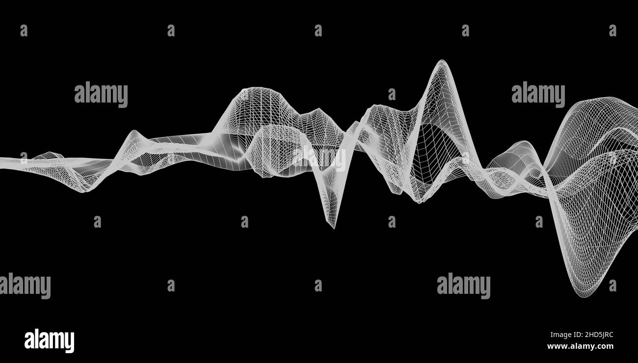 Forma d'onda a reticolo traslucida bianca astratta su sfondo nero, visualizzazione delle onde sonore o concetto acustico Foto Stock