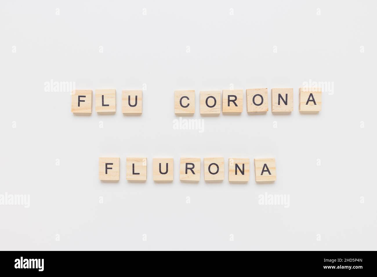 Texte sur Flu Corona Flurona su sfondo bianco. COVID e influenza doppia infezione. Prima combinazione di due virus, concetto di coinfezioni respiratorie Foto Stock