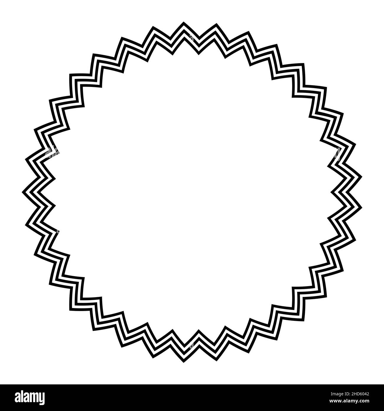 Cornice circolare con linee orizzontali a zig-zag. Tre linee seghettate che formano una stella multi-appuntita e un bordo decorativo. Foto Stock