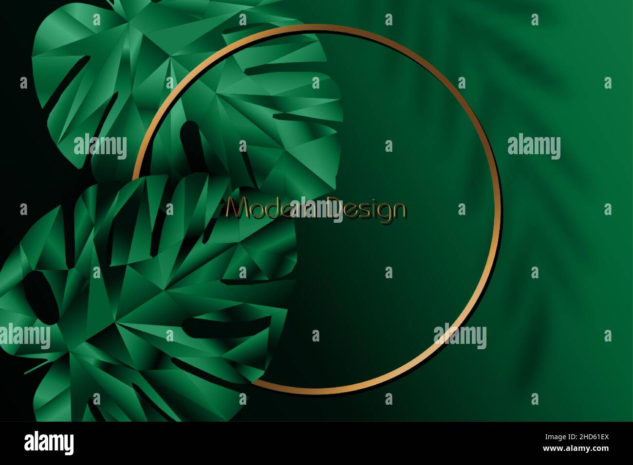 Banner esotico verde scuro, copertina. Sfondo floreale foglia tropicale poligonale di Monstera pianta poly basso. Cornici circolari in oro Premium, modello Illustrazione Vettoriale