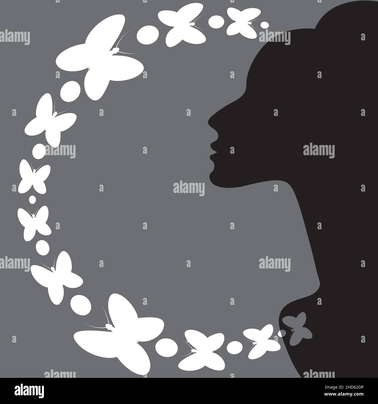 Illustrazione su sfondo quadrato sul tema dell'ispirazione - profilo femminile elegante e farfalle. Elemento di design di libri, notebook, cartoline, oggetti per interni. Background per un sito Web, un'app mobile o un blog. Ispirazione, femminilità, magia, surreale, fascino femminile, fascino Illustrazione Vettoriale