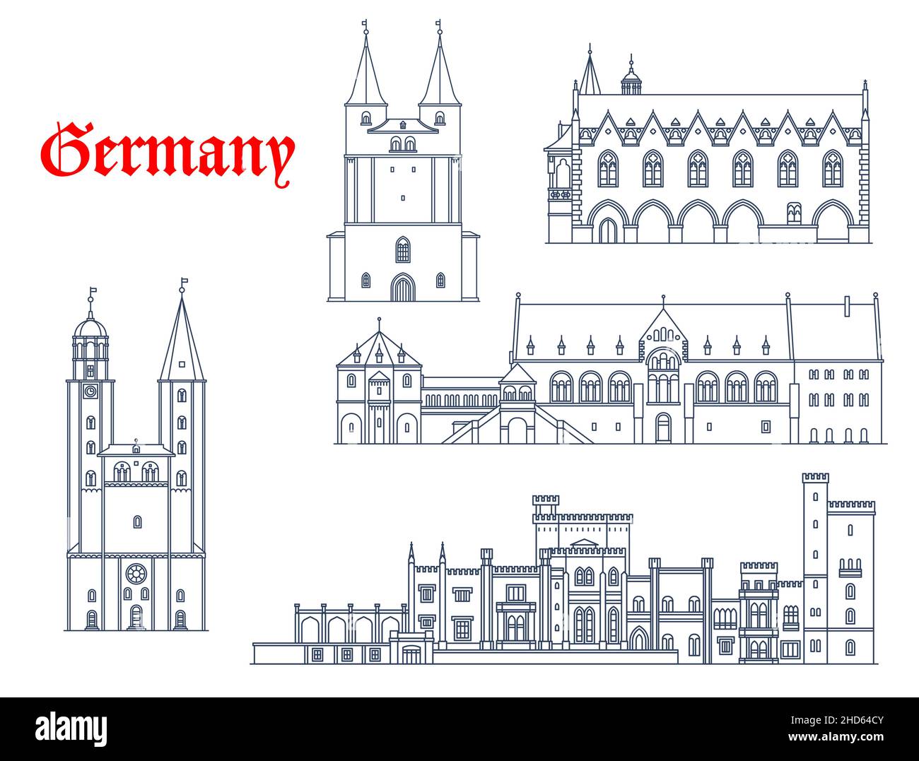 Architettura tedesca, Potsdam e Goslar monumenti, icone di edifici di viaggio. Marktkirche di Goslar, Kaiserpfalz Imperial Palace, Rathaus Town Hall e. Illustrazione Vettoriale