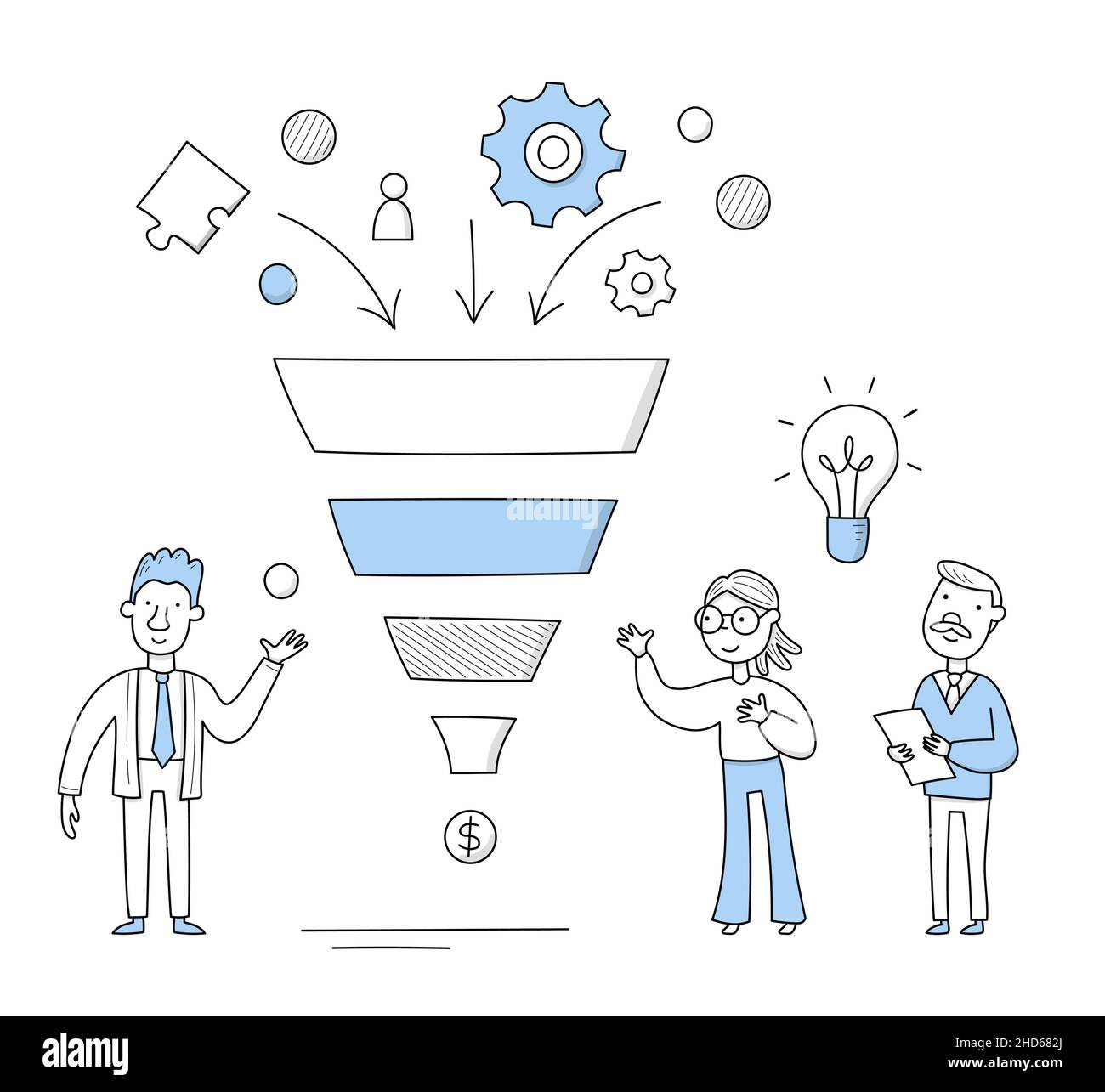 Concetto di imbuto aziendale con persone e imbuto delle vendite. Illustrazione del doodle del vettore della strategia di vendita del Internet, diagramma della gestione in linea del traffico del cliente Illustrazione Vettoriale
