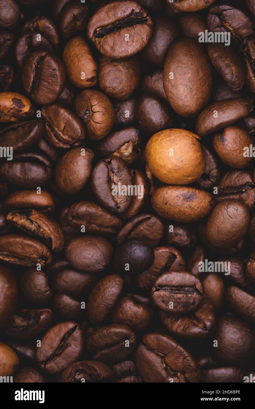 Chicchi di caffè arrosto fondo telaio pieno primo piano macro marrone scuro Foto Stock