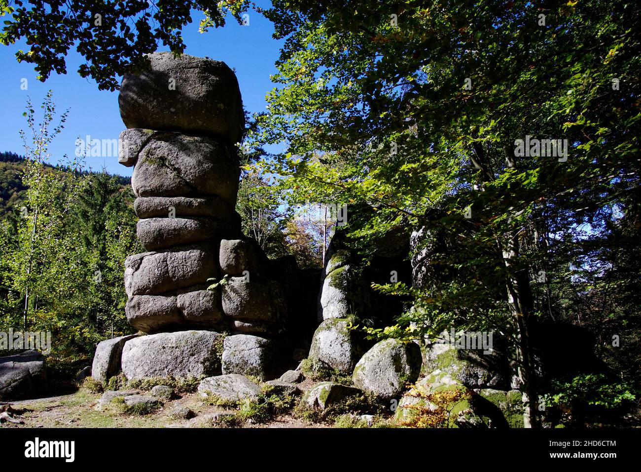 Siebenfelsen, 7 blocchi di granito impilati, presunto sito sacrificale celtico vicino a Elzach nella Foresta Nera, Germania Foto Stock