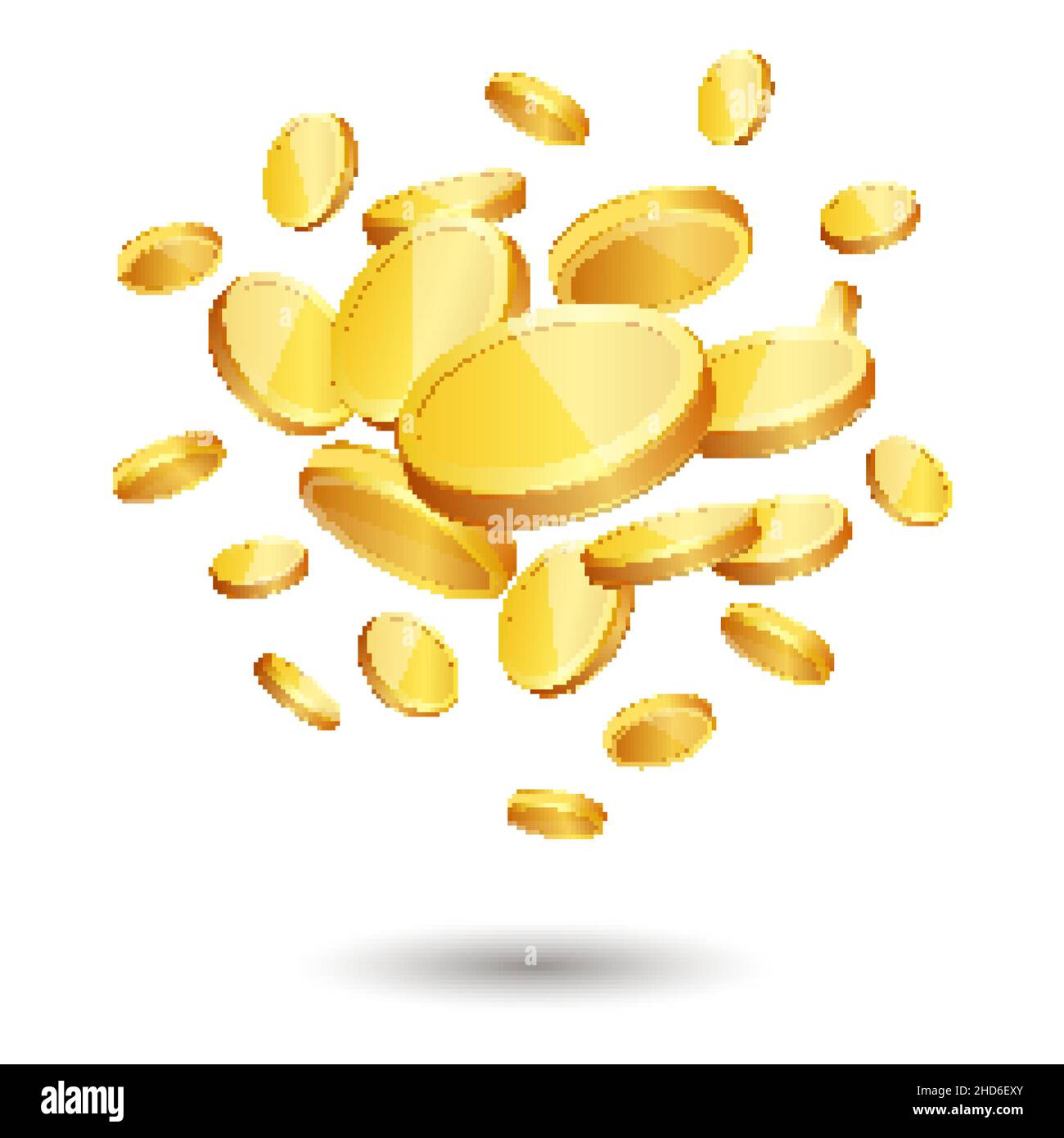 Monete d'oro cadenti, illustrazione vettoriale realistica. Casino jackpot, vincere, ricchezza. Illustrazione Vettoriale