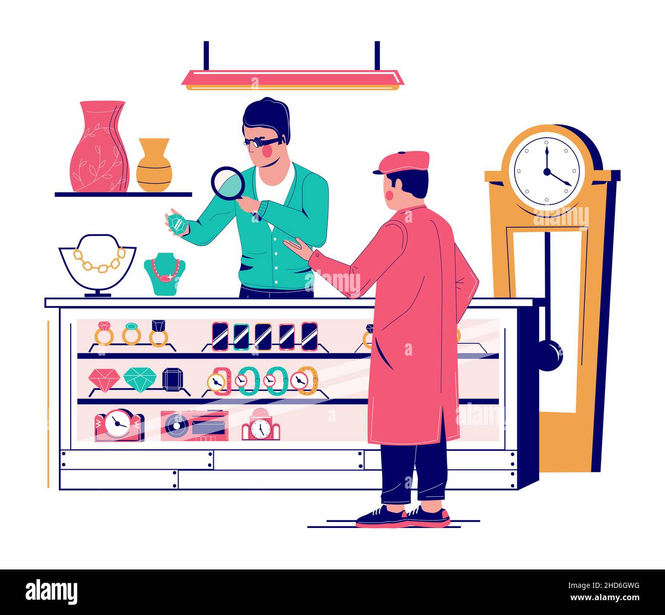 Pawn shop. Cliente che porta gioielli costosi a pawnbroker guardandolo sotto lente d'ingrandimento, illustrazione vettoriale. Illustrazione Vettoriale