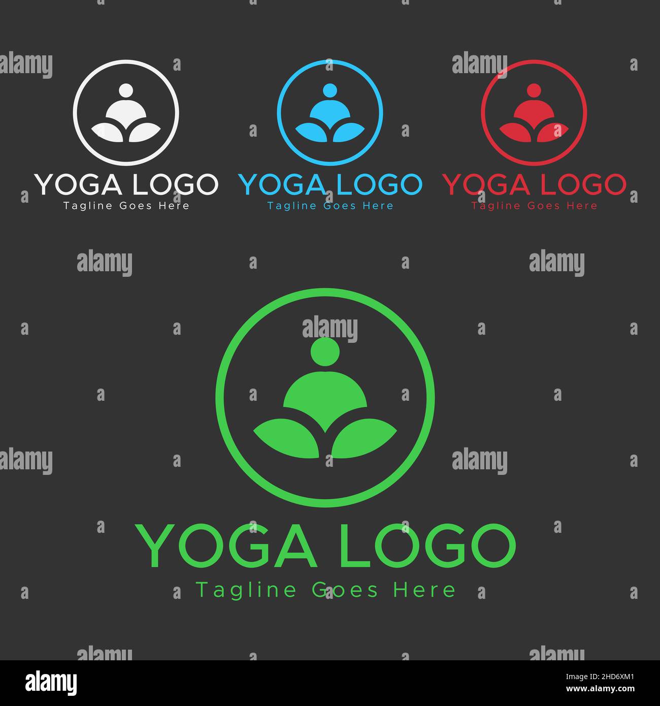 Logo Yoga. Logo meditazione.Logo astratto di colore verde, rosso, blu e bianco. Forma del cerchio. Illustrazione Vettoriale