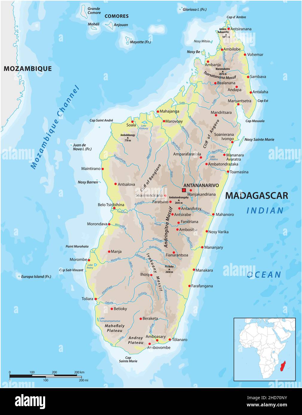 Mappa vettoriale della nazione dell'isola dell'Africa orientale del Madagascar Illustrazione Vettoriale