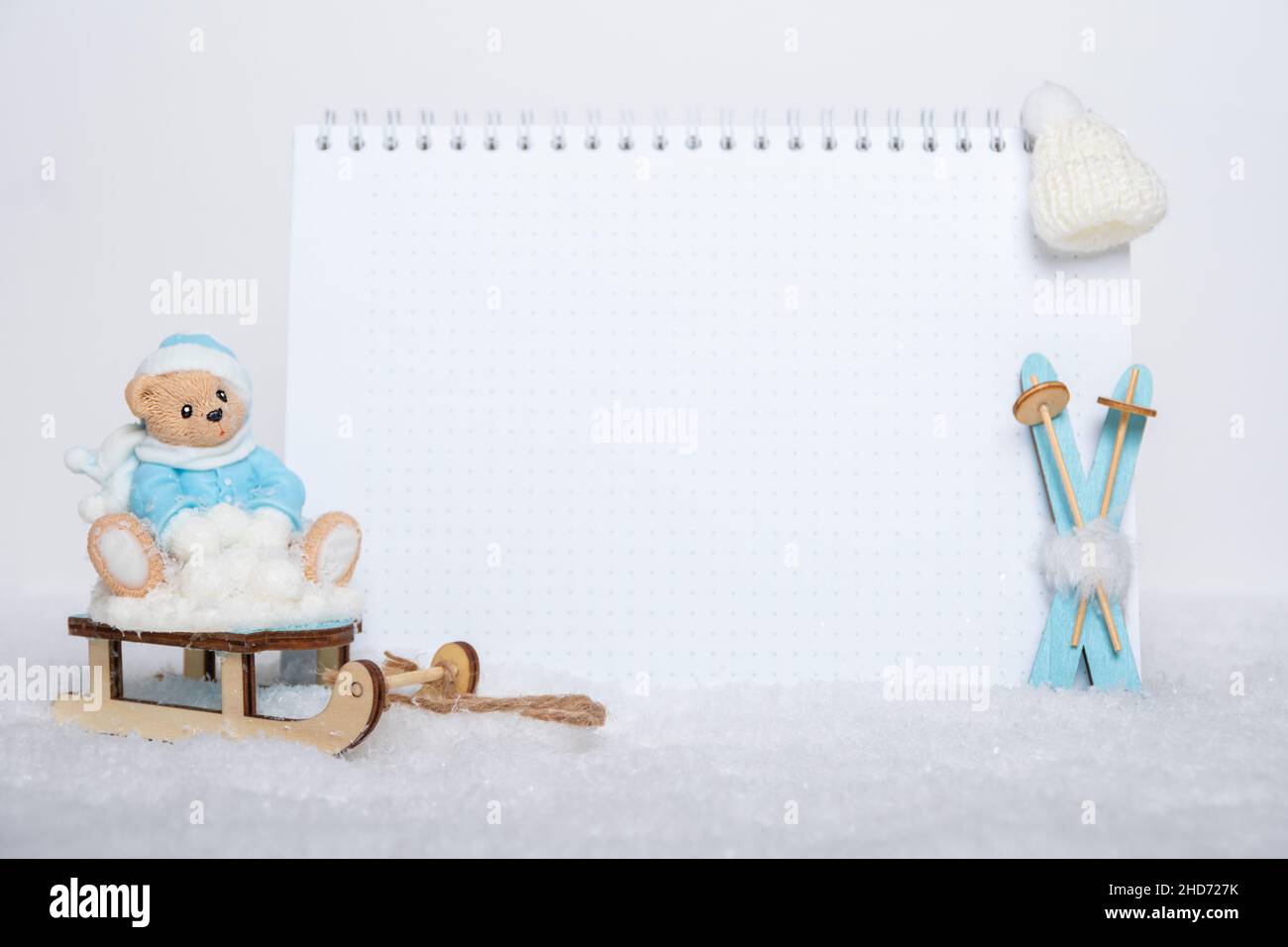 Orsacchiotto in abiti blu d'inverno seduti su una slitta, sci di legno blu brillante, cappello bianco e taccuino bianco su neve bianca. Concetto di sport invernali. Sport Foto Stock