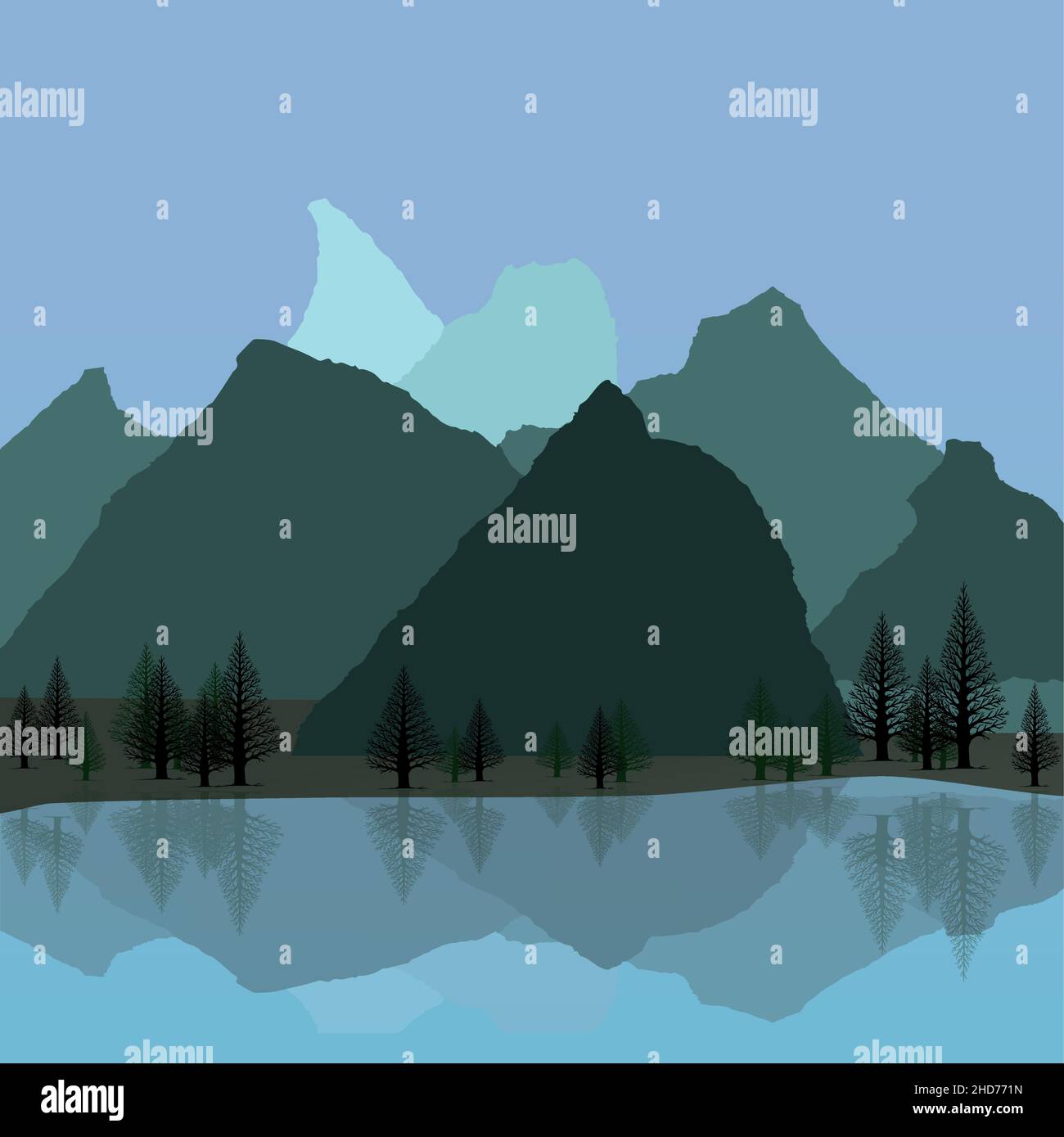 Un'illustrazione vettoriale di un paesaggio montano con un lago e pini. Il riflesso delle montagne e degli alberi è visibile nell'acqua. Illustrazione Vettoriale