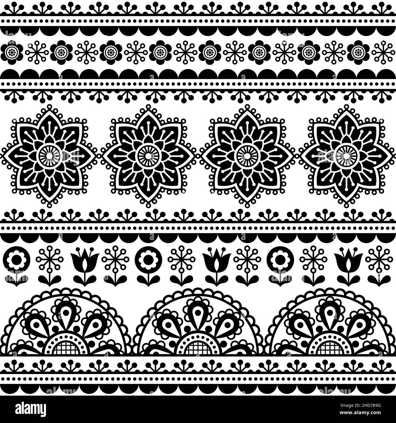 Scandinavian cute folk art senza cuciture vettoriali design con fiori - bianco e nero tessile o tessuto stampa decor Illustrazione Vettoriale