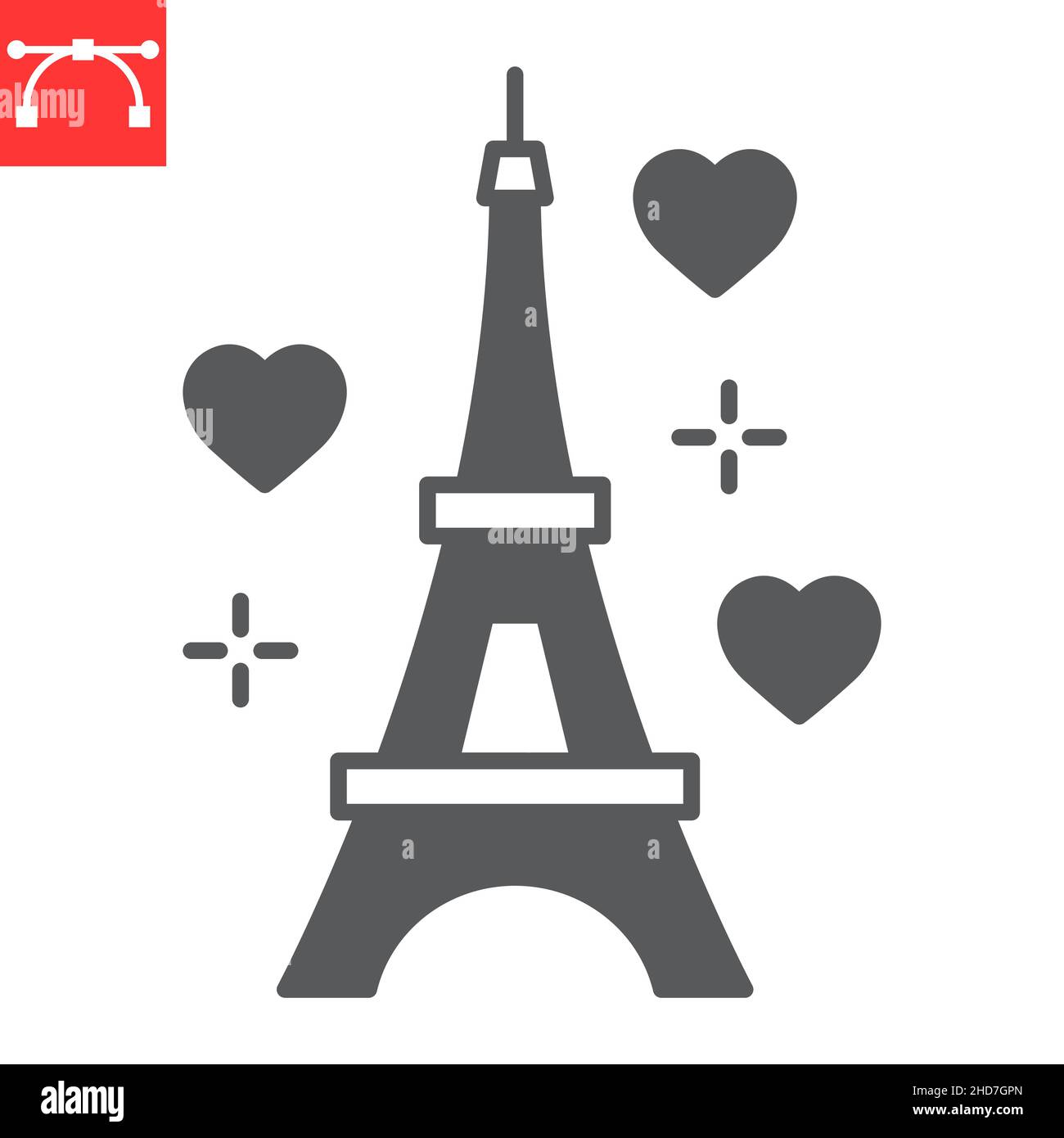 Icona glifo torre Eiffel, giorno valentine e amore, icona vettoriale torre eiffel, grafica vettoriale, segno solido tratto modificabile, eps 10. Illustrazione Vettoriale