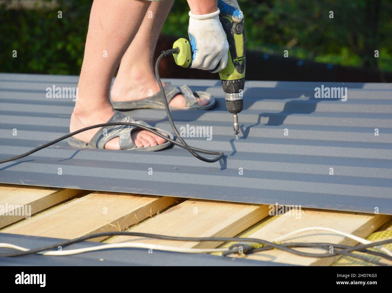 Costruzione di tetti in metallo. Un appaltatore di costruzione sta installando le lamiere di copertura ondulate di metallo sulle travi del tetto, avvitando giù i pannelli di metallo usando Foto Stock