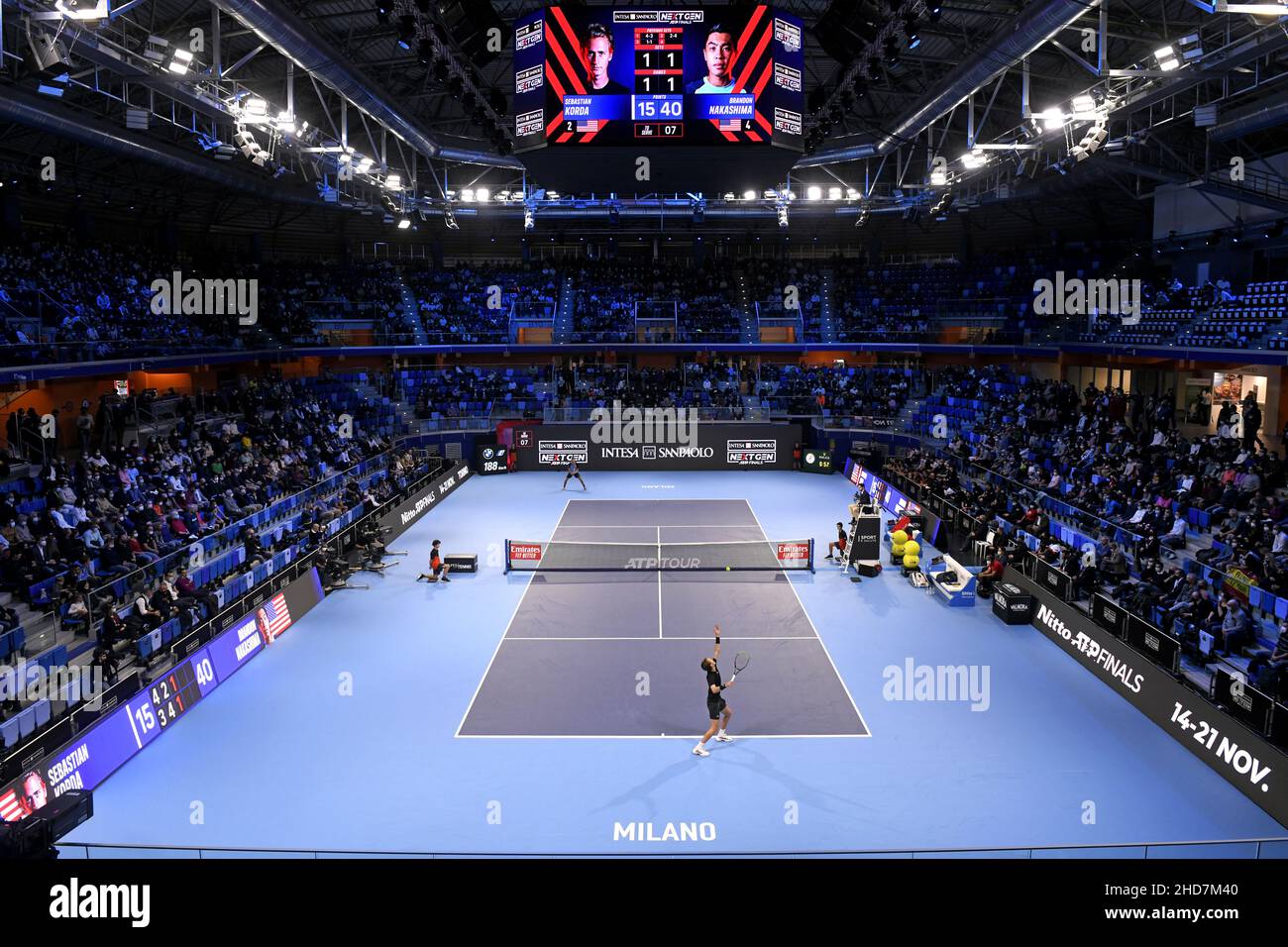 Partita di tennis della prossima generazione ATP Finals presso il campo da tennis coperto della Allianz Cloud, a Milano 2021. Foto Stock