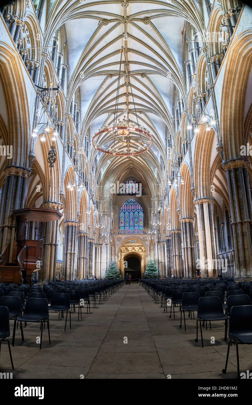 Soffitti a volta sulla navata, guardando verso l'estremità occidentale della cattedrale di Lincoln, Inghilterra. Foto Stock
