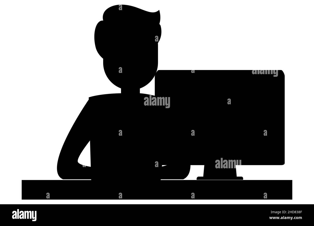 Uomo seduto su una sedia da ufficio e che lavora su laptop, lavoro in ufficio, lavoro da casa, codifica, silhouette nera Illustrazione Vettoriale