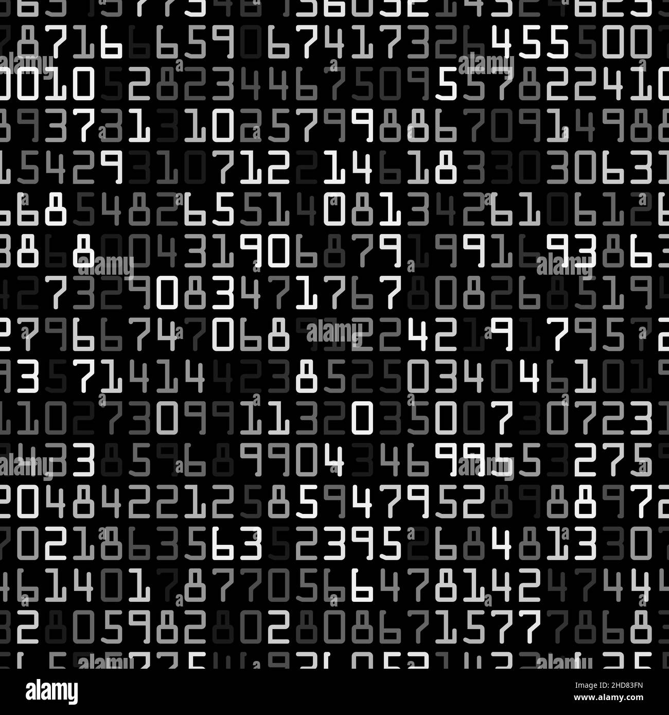 Numeri di mezzitoni bianchi, grigi e neri. Lettere in ordine casuale su nero Illustrazione Vettoriale