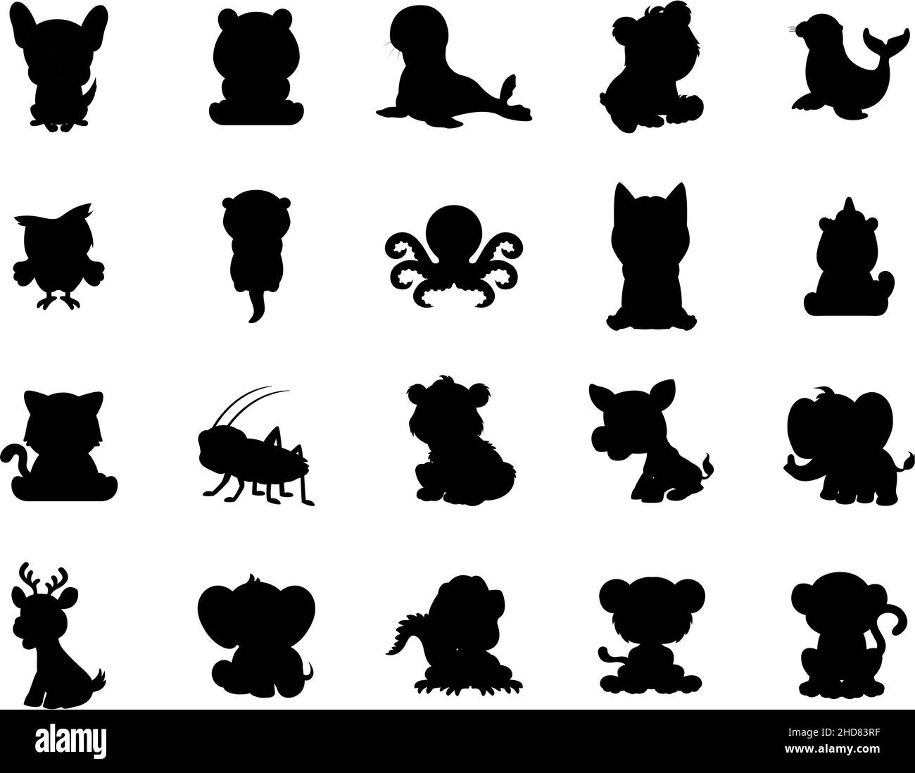 Silhouette fumetto nero Set di animali in stile cartoon, loghi e icone per marche animali Illustrazione Vettoriale