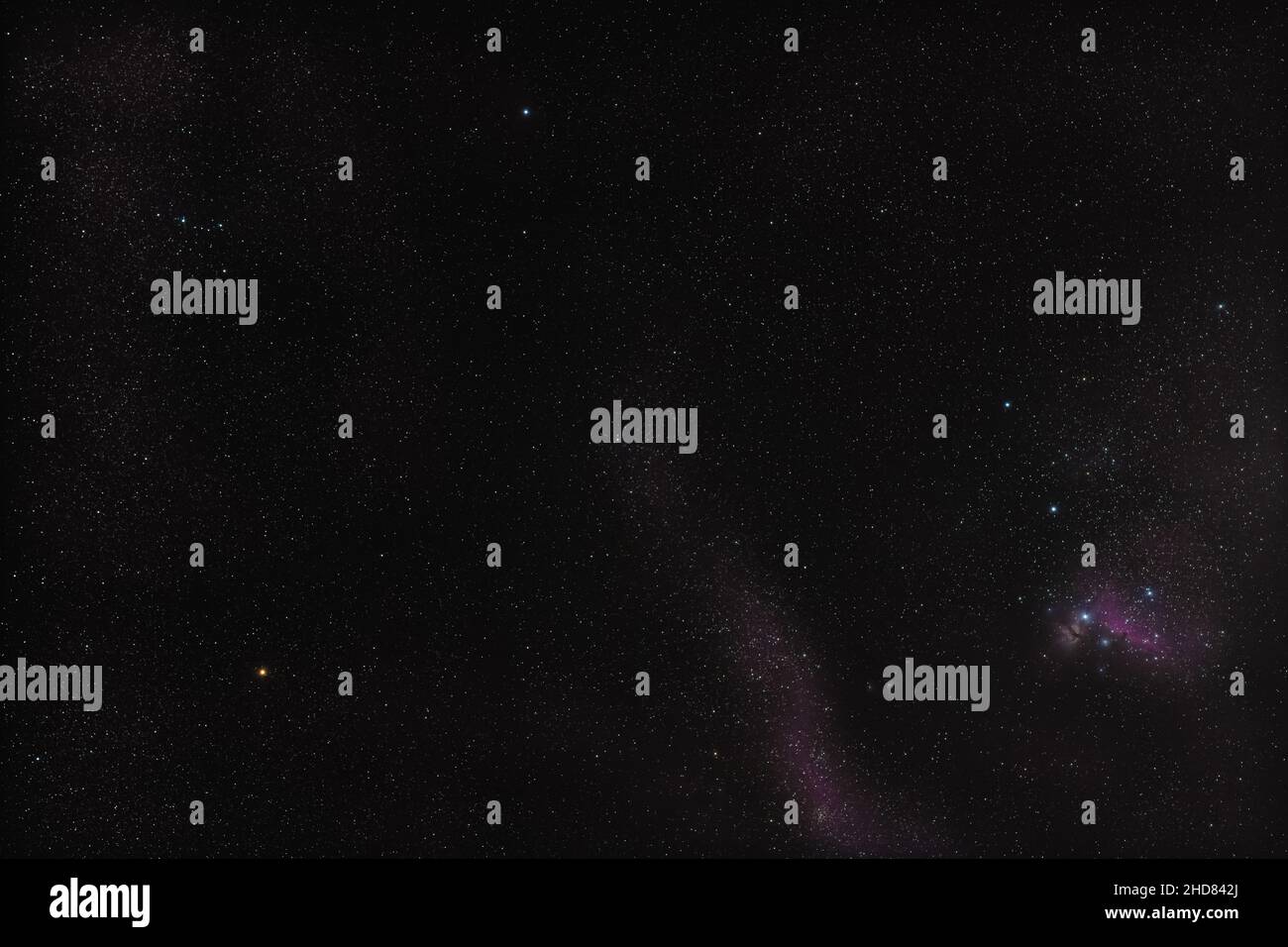 Cielo notturno invernale alla costellazione di Orion, Messier 42 nebulosa nell'angolo in basso a destra, stella Betelgeuse giallo brillante lato sinistro e Bellatrix blu sopra Foto Stock