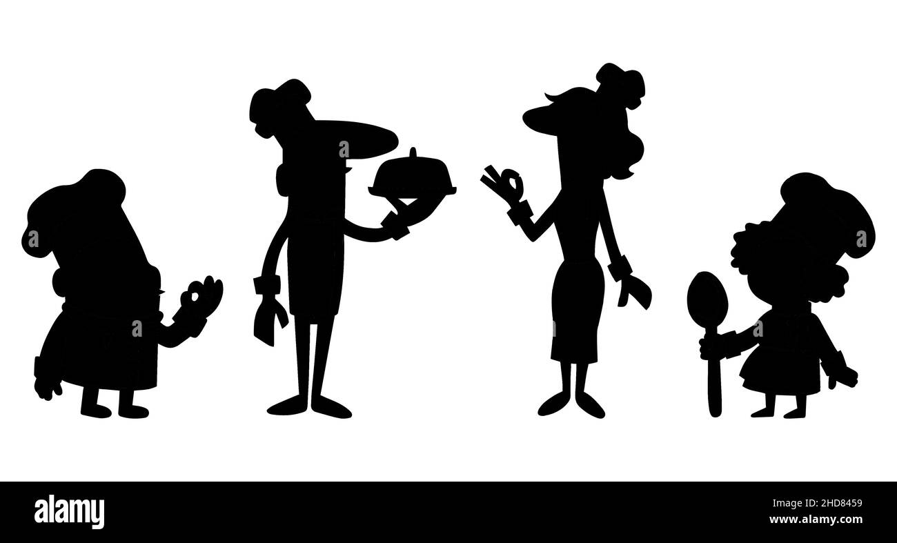 Icone delle silhouette degli chef, piatti in tenuta, cappellino e uniforme dello chef, illustrazione vettoriale in stile cartoon Illustrazione Vettoriale