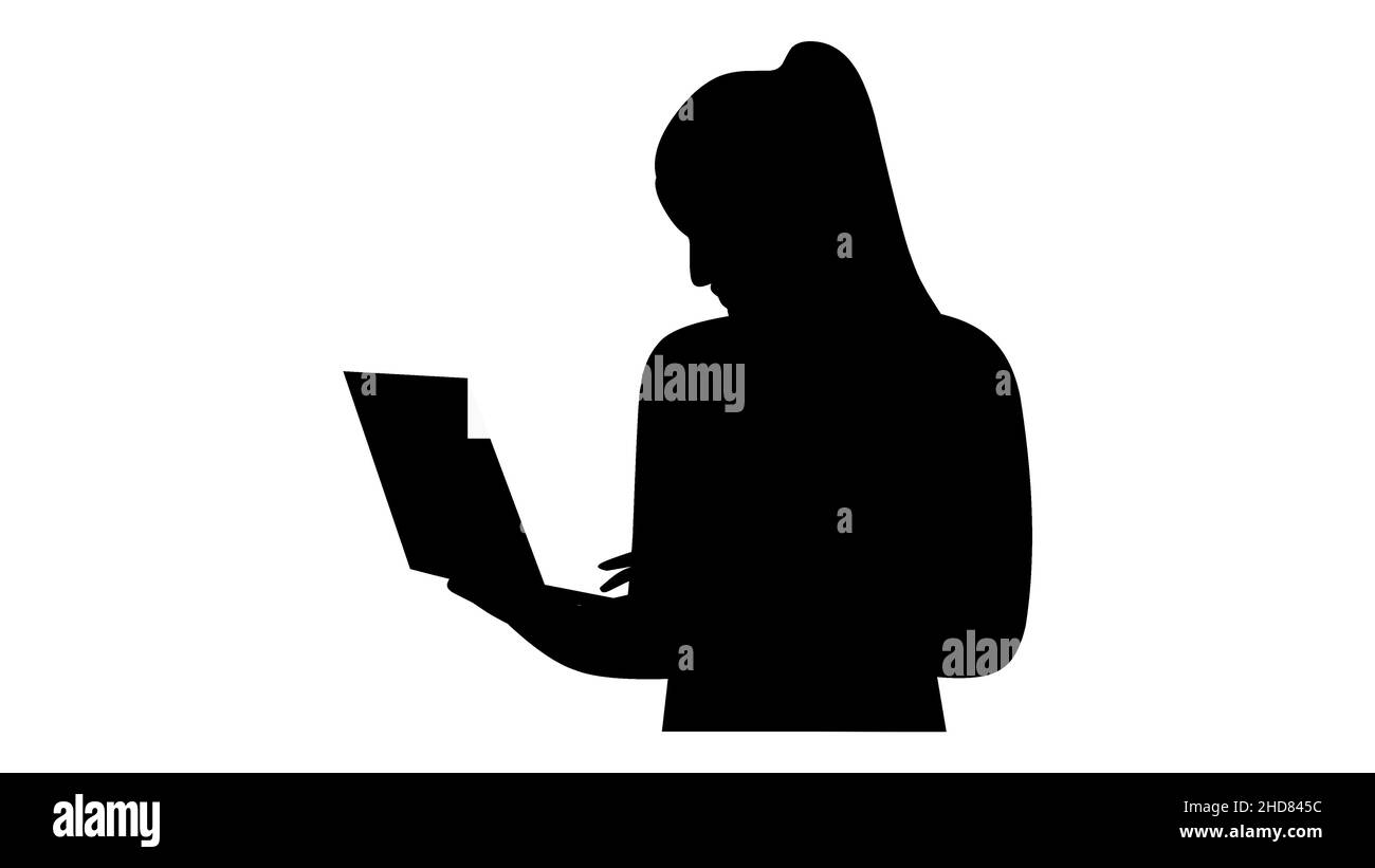 Ragazza che lavora su laptop, lavoro in ufficio, lavoro da casa, codifica, silhouette nera, logo Illustrazione Vettoriale