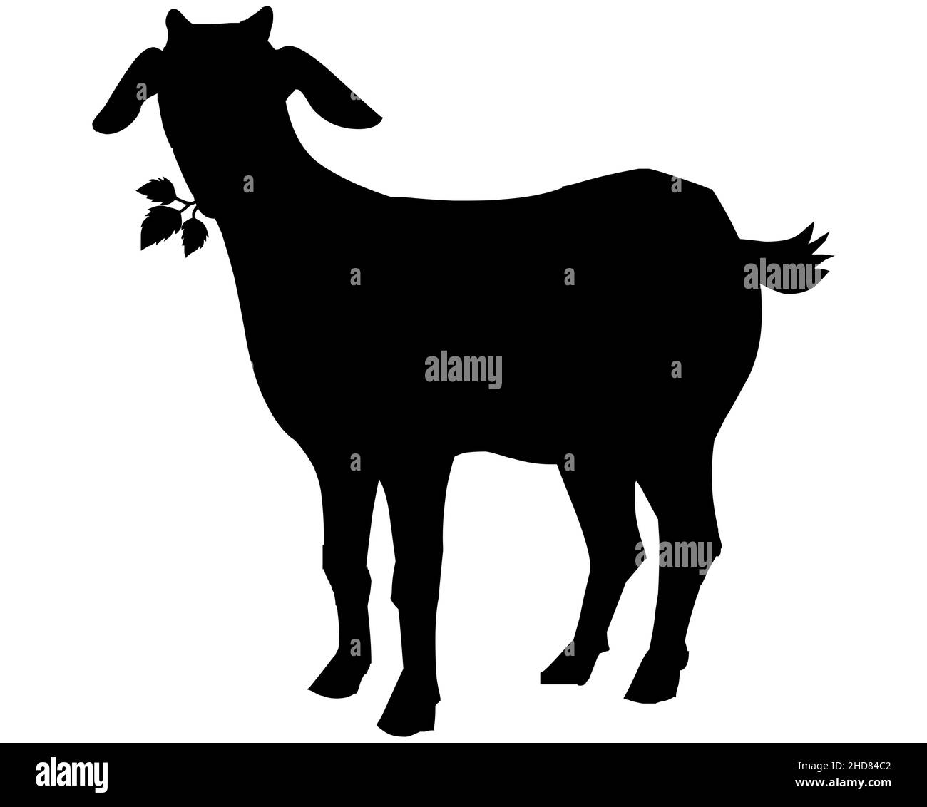 Silhouette nera di una capra che mangia erba o foglie dalla terra, logo o etichetta di una capra Illustrazione Vettoriale