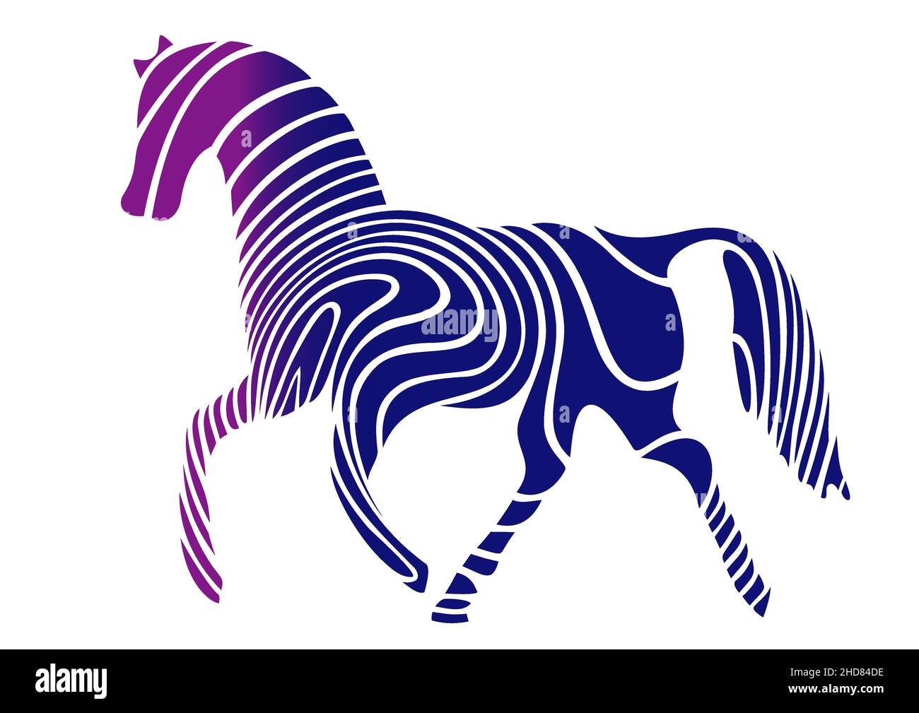 Righe bianche su cavallo sfumato viola e blu, logo Horses, etichetta design e segno per le aziende Illustrazione Vettoriale