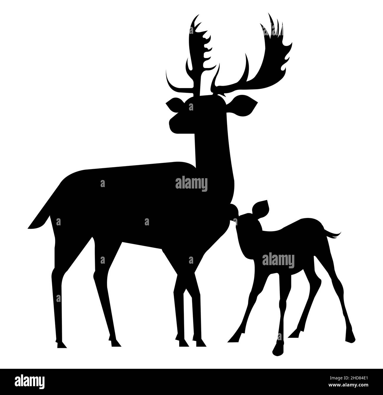 Illustrazione isolata del vettore della famiglia dei cervi su sfondo bianco. Mama dei cervi e silhouette isolate. Illustrazione Vettoriale