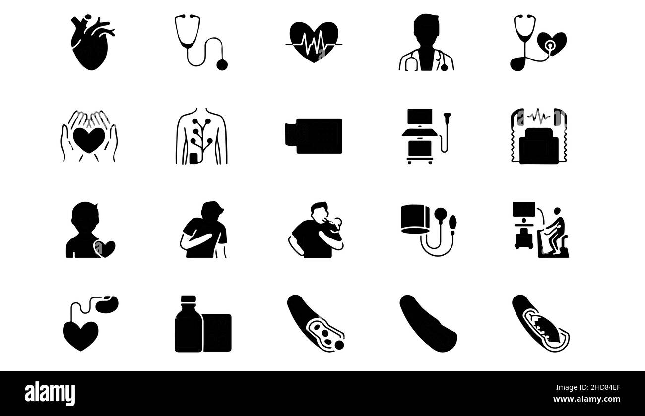 Collezione di set vettoriali di 20 icone mediche e sanitarie isolate su sfondo bianco Illustrazione Vettoriale