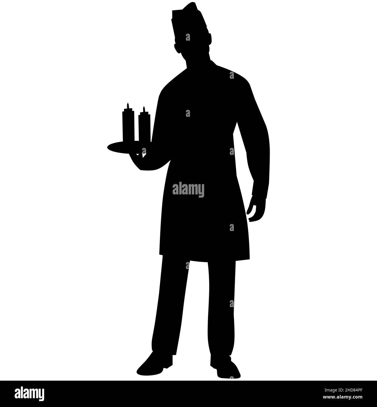 Silhouette nera di cameriere o chef, servizio ristorante, vassoio di cibo Illustrazione Vettoriale