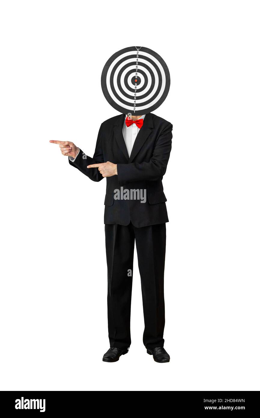 immagine di un uomo in abito e cravatta ad arco con un bersaglio sulla testa Foto Stock