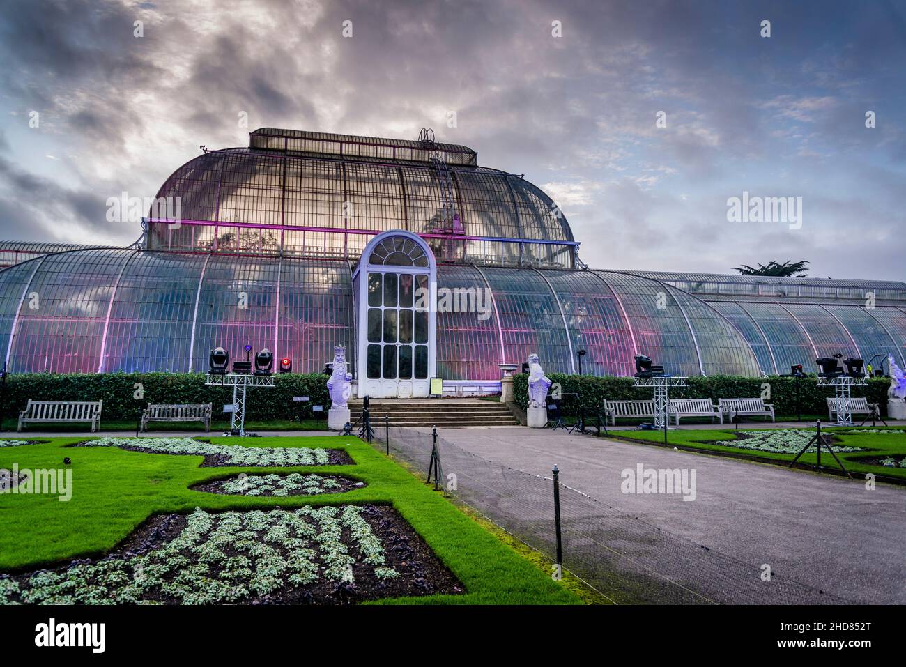 La Palm House a Kew Gardens durante il Natale a Kew installazione luce mostra al tramonto, Kew Garden, Londra, Inghilterra, Regno Unito Foto Stock