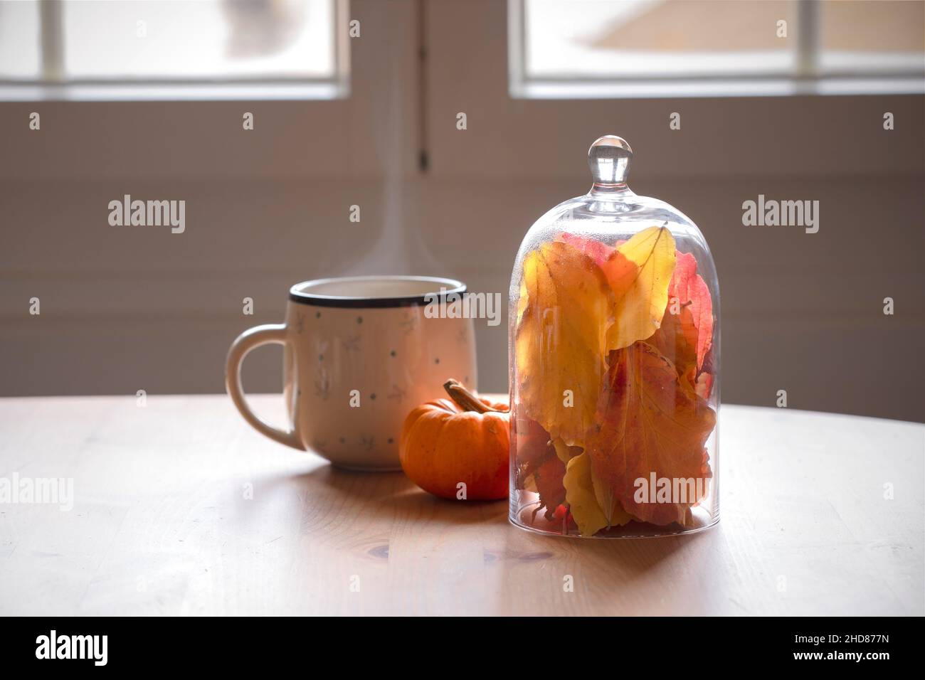 Tavolo con una tazza di caffè o tè durante la giornata fredda d'autunno. Tavolo deco disposizione, foglie colorate e mini zucca. Autunno a casa, accogliente, pigro moody a. Foto Stock