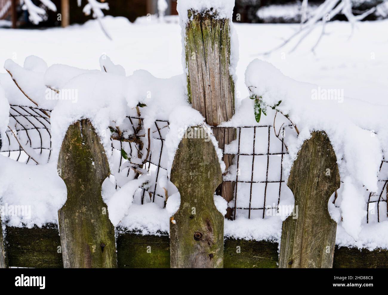 strada del quartiere coperta di neve Foto Stock