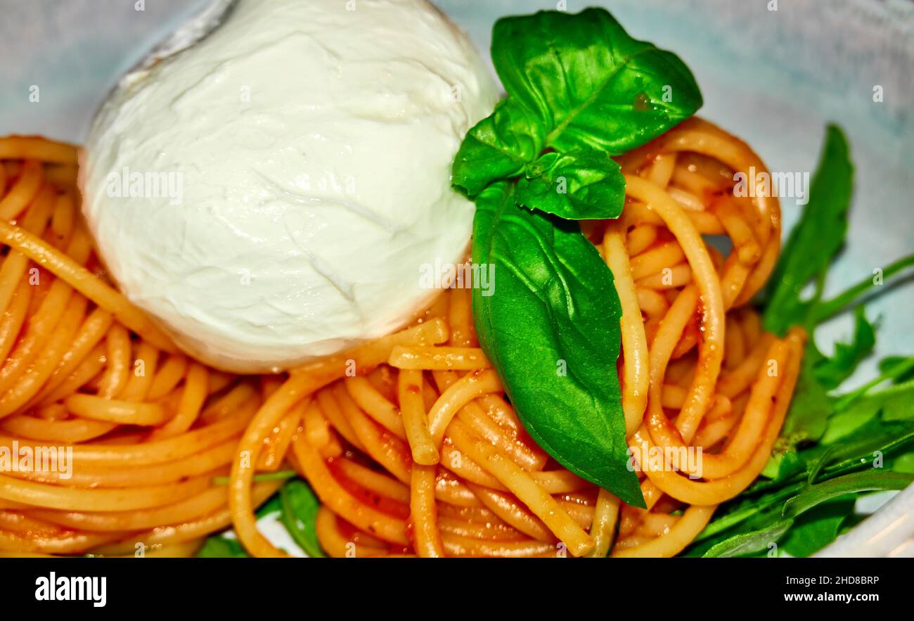 Basilico a foglia verde accanto alla burrata, palla di mozzarella con un ripieno di listini di formaggio, crema di formaggio e panna, su spaghetti cotti con salsa di pomodoro. Foto Stock