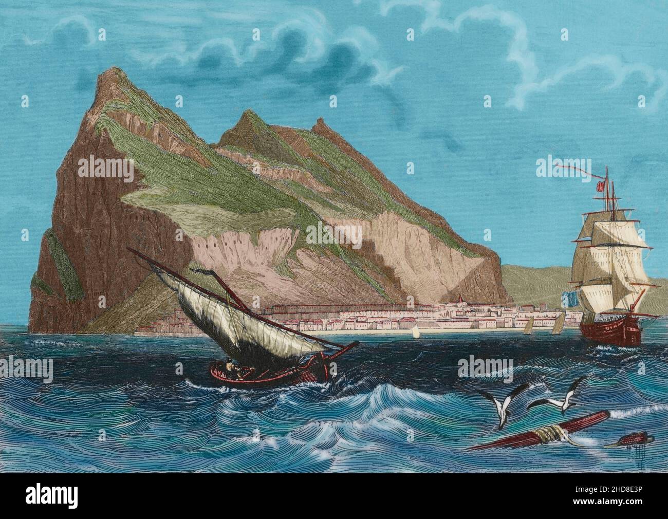 Gibilterra. Vista generale. Incisione di Antonio Roca Sallent. Successiva colorazione. Las Glorias Nacionales, 1853. Autore: Antonio Roca Sallent (1813-1864). Incisore spagnolo. Foto Stock