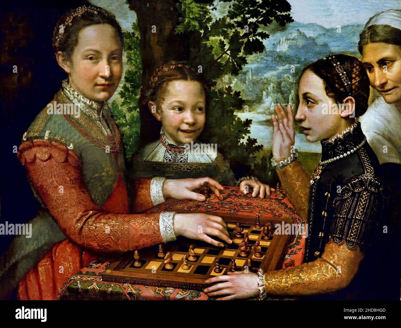 Le sorelle dell'artista sono raffigurate nel gioco degli scacchi, 1555. Sofonisba Anguissola 1535 -1625 ( VANGUSSOLA o Angussciola, SOPHONISBA, ritratto italiano 16th secolo, nato a Cremona 1535, morì a Palermo nel 1626. Italia. Foto Stock