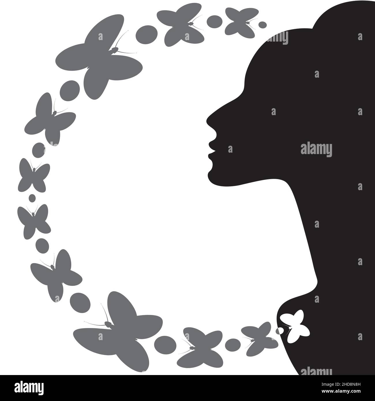 Illustrazione su sfondo quadrato sul tema dell'ispirazione - profilo femminile elegante e farfalle. Elemento di design di libri, notebook, cartoline, oggetti per interni. Background per un sito Web, un'app mobile o un blog. Ispirazione, femminilità, magia, surreale, fascino femminile, fascino Illustrazione Vettoriale