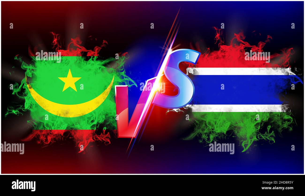 Mauritania e Gambia in corso di guerra commerciale. Bandiera di due paesi opposti l'uno all'altro con testo vs e sfondo nero Foto Stock