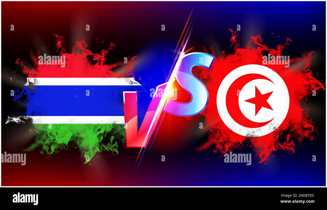 Tunisia e Gambia in corso di guerra commerciale. Bandiera di due paesi opposti l'uno all'altro con testo vs e sfondo nero Foto Stock