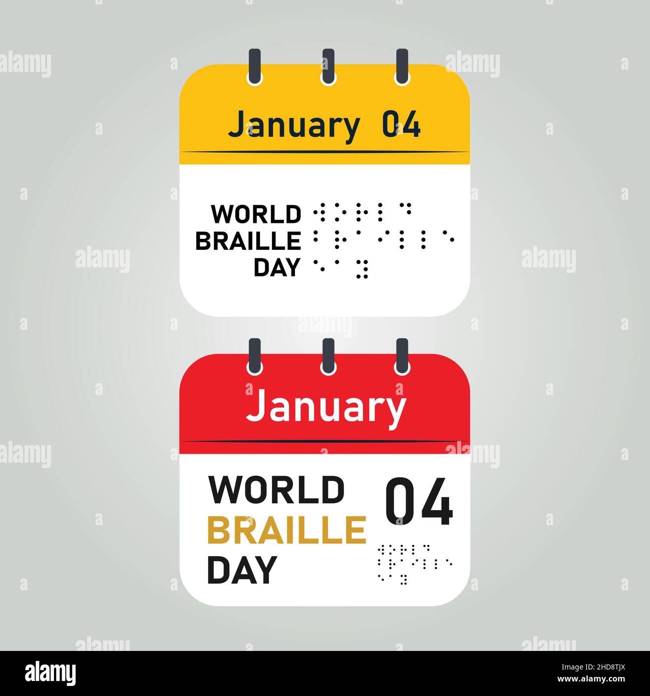 Icona del calendario con modello di colore giallo e rosso, Giornata Mondiale del Braille il 4th gennaio illustrazione vettoriale. Illustrazione Vettoriale