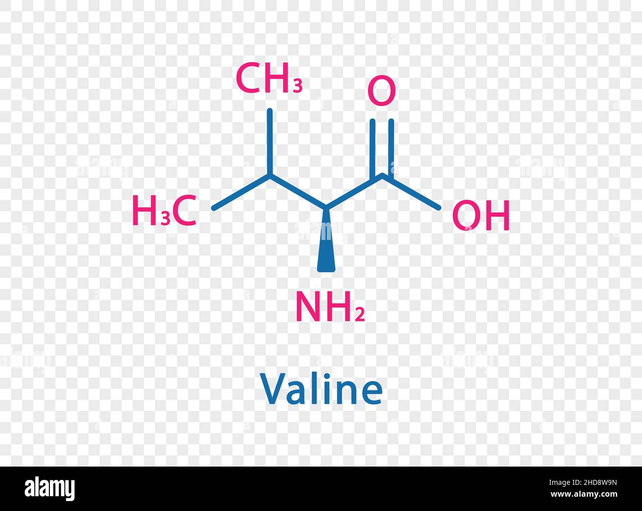 Formula chimica della valina. Formula chimica strutturale valina isolata su sfondo trasparente. Illustrazione Vettoriale