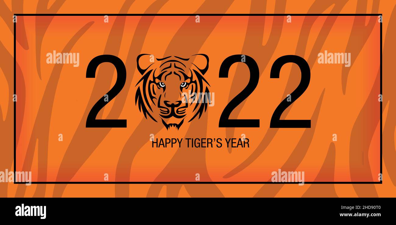 Felice anno nuovo Cinese 2022. Biglietto d'auguri orizzontale con sfondo arancione e faccia della tigre. Banner pubblicitari o di vendita Illustrazione Vettoriale