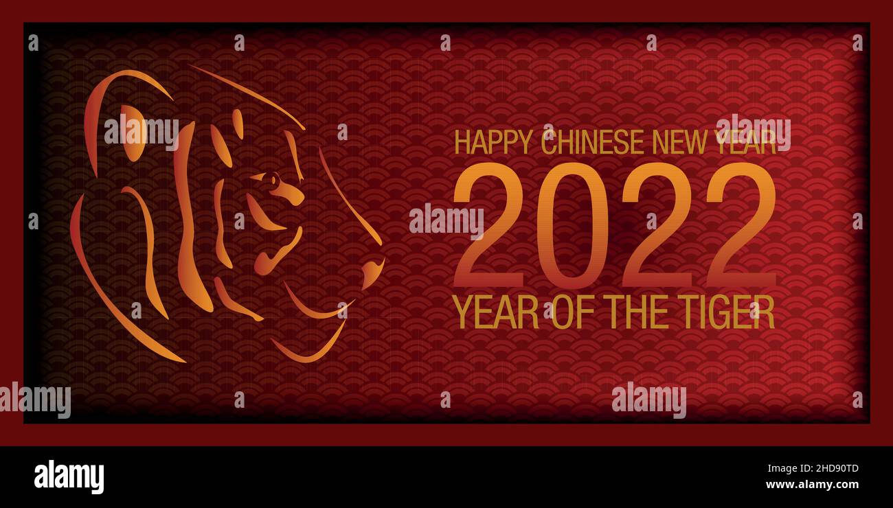 Capodanno cinese 2022. Biglietto d'auguri che rappresenta l'anno della tigre. Sfondo orizzontale rosso e oro con elementi cinesi Illustrazione Vettoriale