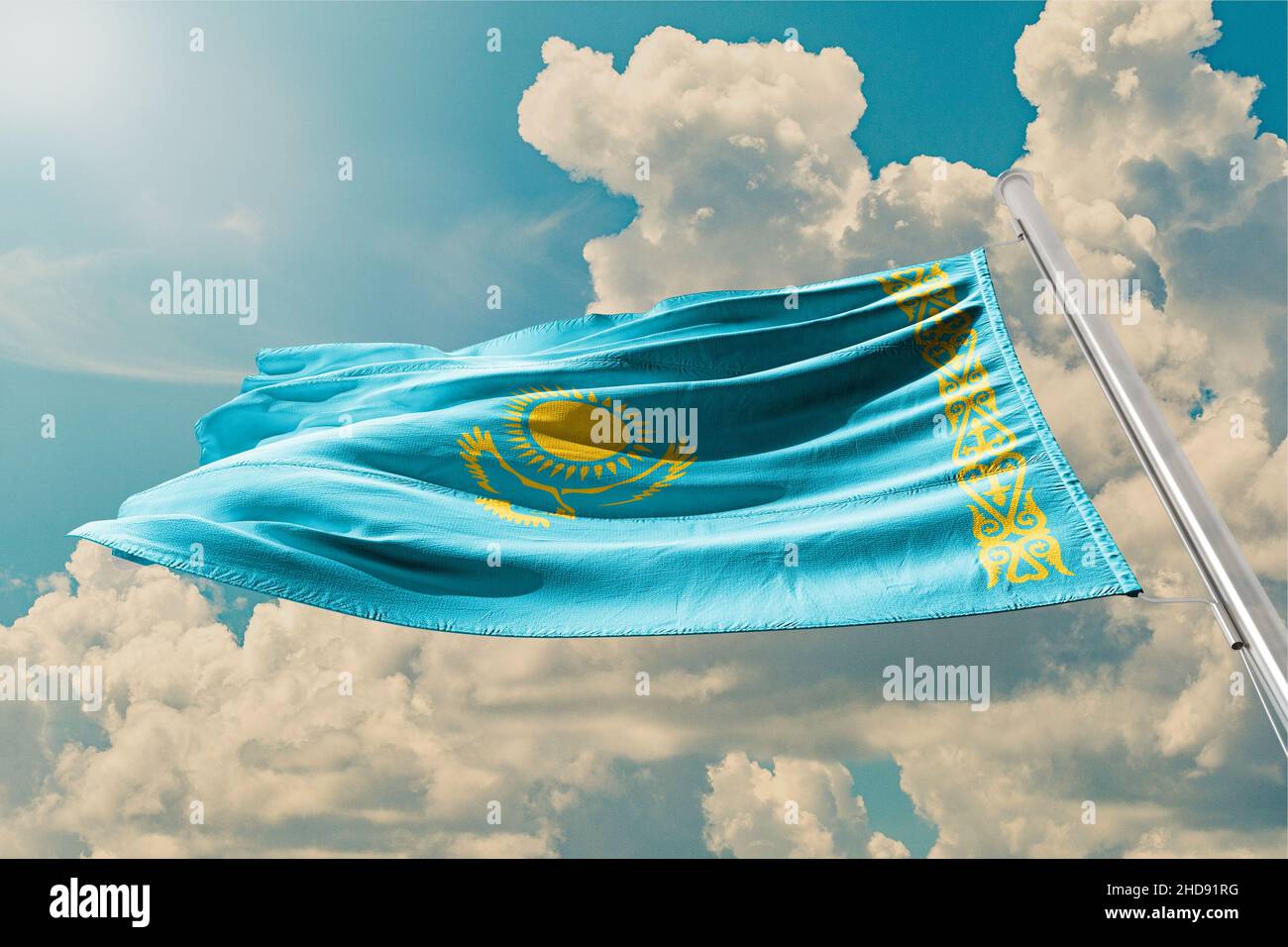 Bandiera del kazakstan proteste di massa in Kazakstan. Bandiera del kazakstan Foto Stock