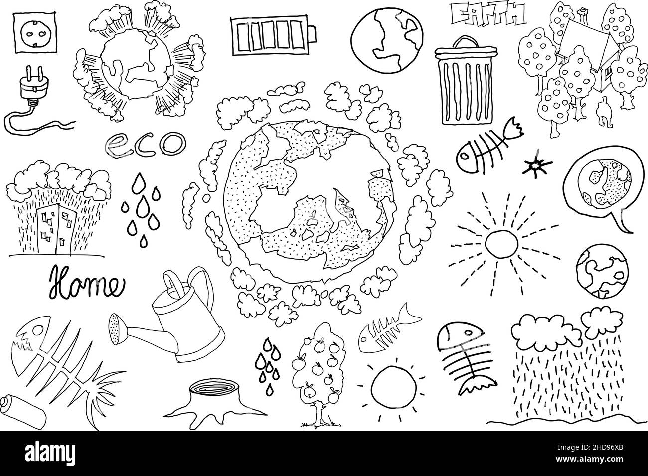 molti disegni a mano colorati di argomenti riguardanti la natura e l'ambiente e l'ecologia e il pianeta terra e il tempo e l'inquinamento Foto stock - Alamy