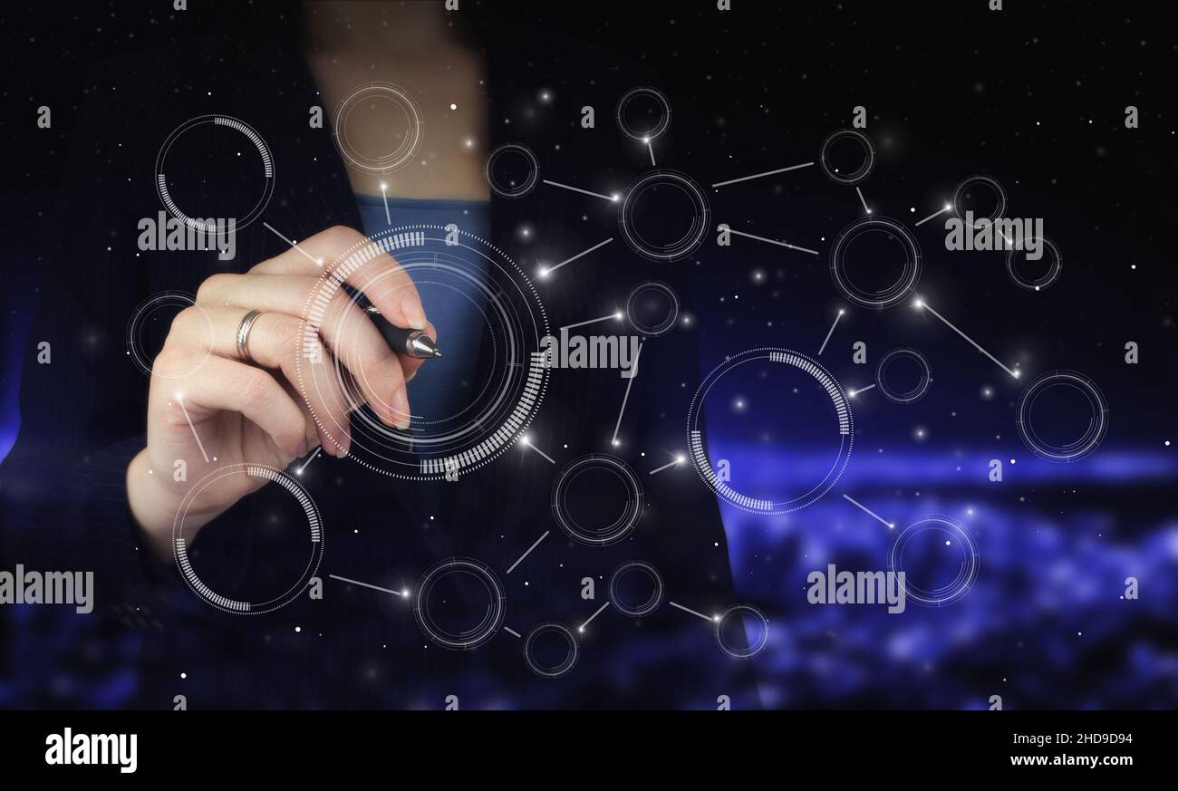 Supporto tecnico Servizio clienti Business Technology Internet. Penna grafica digitale e disegno ologramma digitale segno circolare o Foto Stock