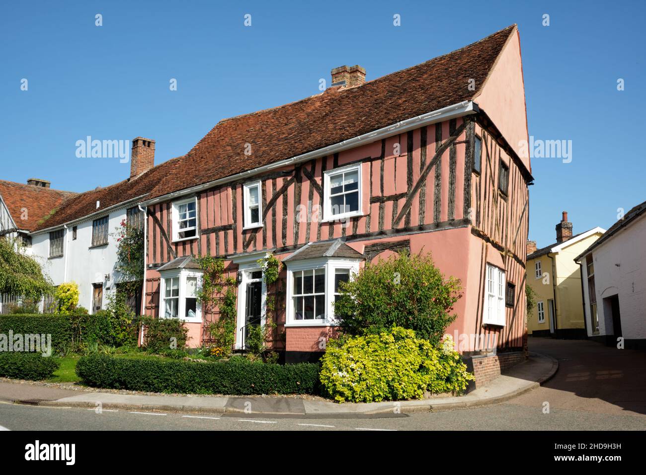 Iconico intonaco colorato in casa a Lavenham Foto Stock