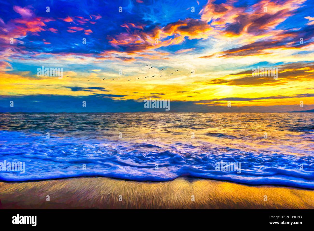 Un tramonto sull'oceano colorato con gli uccelli che volano nel cielo del tramonto in Illustration Painting Format Foto Stock